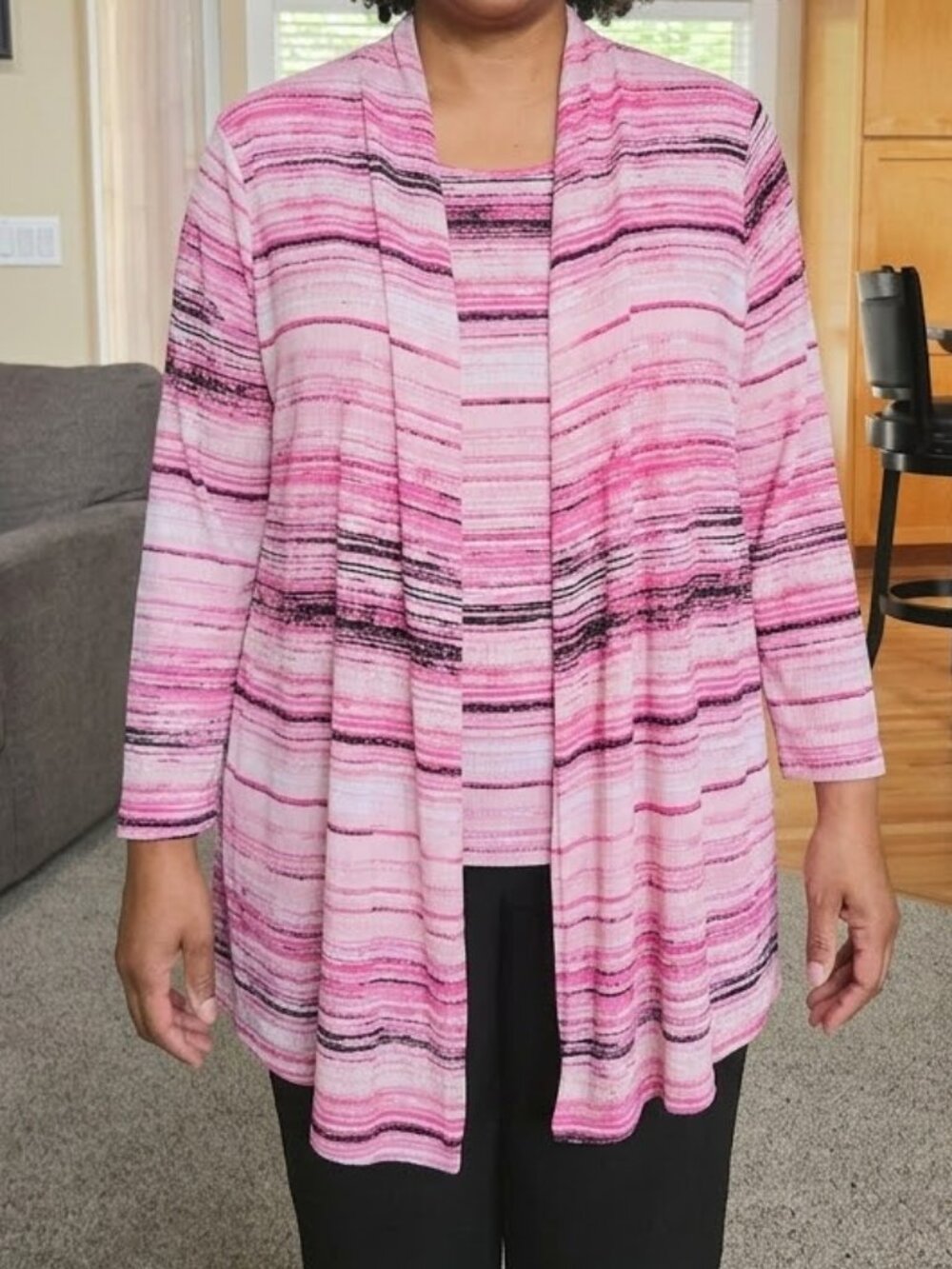 Black Label by Evan Picone sz XL twinset attached shirt / cardigan pink striped